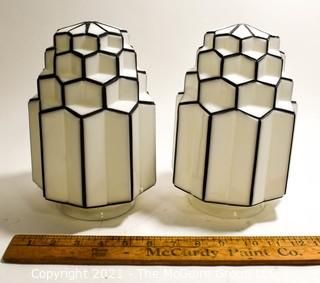 Two (2) Vintage Art Deco Milk Glass Celling Mount Hall Light Shades.  Machine Age.  Hardware not included.  Measure 10"T.