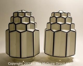 Two (2) Vintage Art Deco Milk Glass Celling Mount Hall Light Shades.  Machine Age.  Hardware not included.  Measure 10"T.