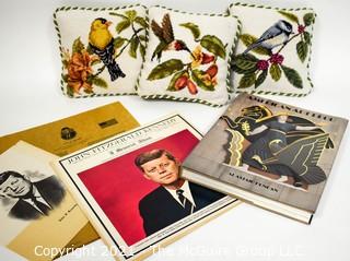 Miscellaneous Lot Including Three Needlepoint Pillows, JFK LP Record & Art Deco Book.