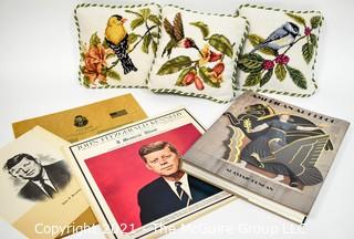 Miscellaneous Lot Including Three Needlepoint Pillows, JFK LP Record & Art Deco Book.