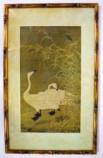 Gilt Bamboo Framed Under Glass Asian Print of Two White Geese.  Measures 24" x 14".