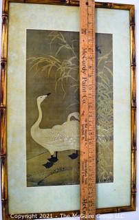 Gilt Bamboo Framed Under Glass Asian Print of Two White Geese.  Measures 24" x 14".