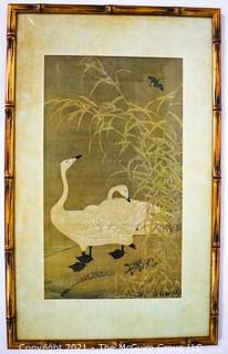 Gilt Bamboo Framed Under Glass Asian Print of Two White Geese.  Measures 24" x 14".