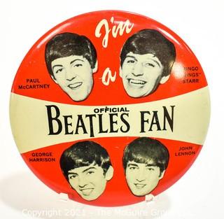 Vintage Authentic 1964 "I'm a Official Beatles Fan" Pin made by NEMS Enterprises LTD .  Measures 4" in diameter. 