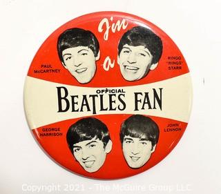 Vintage Authentic 1964 "I'm a Official Beatles Fan" Pin made by NEMS Enterprises LTD .  Measures 4" in diameter. 