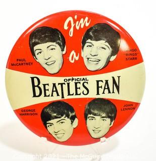 Vintage Authentic 1964 "I'm a Official Beatles Fan" Pin made by NEMS Enterprises LTD .  Measures 4" in diameter. 