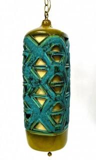 Mid Century Modern Blue & Green Art Pottery Pierced Hanging Swag Lamp.  Measures 24"T & 10"W