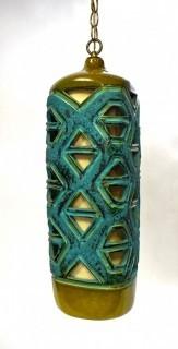 Mid Century Modern Blue & Green Art Pottery Pierced Hanging Swag Lamp.  Measures 24"T & 10"W