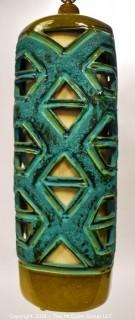 Mid Century Modern Blue & Green Art Pottery Pierced Hanging Swag Lamp.  Measures 24"T & 10"W