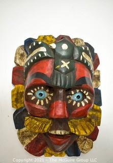 Hand Carved and Painted Tribal Mask with Glass Eyes, Ethnographic.  Measues 10" x 8"