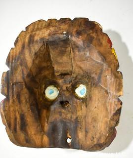 Hand Carved and Painted Tribal Mask with Glass Eyes, Ethnographic.  Measues 10" x 8"