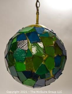 Mid Century Ceiling Mount Blue & Green Mosaic Glass Globe Light in Working Condition.  Measures 14" in diameter. 