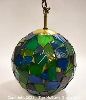 Mid Century Ceiling Mount Blue & Green Mosaic Glass Globe Light in Working Condition.  Measures 14" in diameter. 