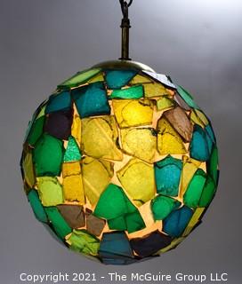 Mid Century Ceiling Mount Blue & Green Mosaic Glass Globe Light in Working Condition.  Measures 14" in diameter. 