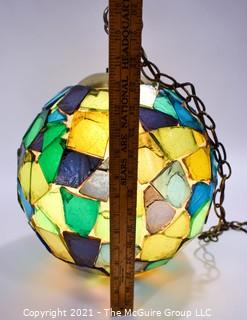 Mid Century Ceiling Mount Blue & Green Mosaic Glass Globe Light in Working Condition.  Measures 14" in diameter. 