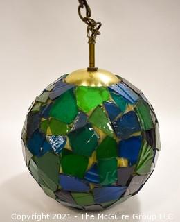 Mid Century Ceiling Mount Blue & Green Mosaic Glass Globe Light in Working Condition.  Measures 14" in diameter. 