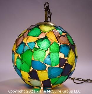 Mid Century Ceiling Mount Blue & Green Mosaic Glass Globe Light in Working Condition.  Measures 14" in diameter. 