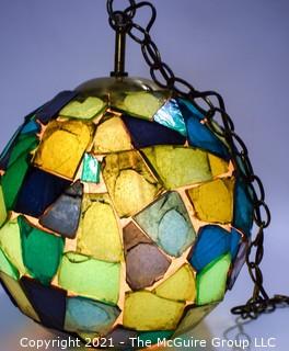 Mid Century Ceiling Mount Blue & Green Mosaic Glass Globe Light in Working Condition.  Measures 14" in diameter. 