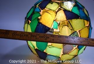 Mid Century Ceiling Mount Blue & Green Mosaic Glass Globe Light in Working Condition.  Measures 14" in diameter. 