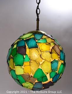 Mid Century Ceiling Mount Blue & Green Mosaic Glass Globe Light in Working Condition.  Measures 14" in diameter. 