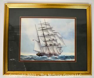 Framed Print of Large Sailing Ship, uncredited in Gold Frame; 22 x 17"