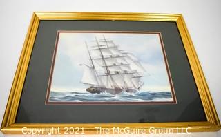 Framed Print of Large Sailing Ship, uncredited in Gold Frame; 22 x 17"