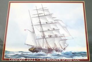 Framed Print of Large Sailing Ship, uncredited in Gold Frame; 22 x 17"