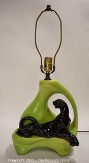 Mid Century Modern Pottery Chartreuse Green Black Panther TV Table Lamp.  Measures 23"T.