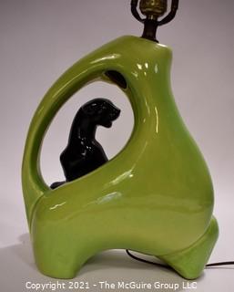 Mid Century Modern Pottery Chartreuse Green Black Panther TV Table Lamp.  Measures 23"T.