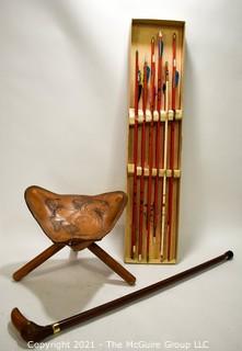 Bird Head Cane - Archery arrows in original box and leather tripod collapsible seat.