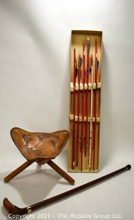 Bird Head Cane - Archery arrows in original box and leather tripod collapsible seat.