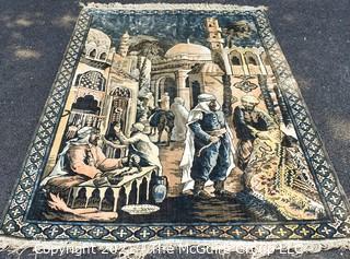 Vintage Silk Thread Machine Made Rug, made in Belgium; Middle Eastern Market Scene. Measures 180 x 49"