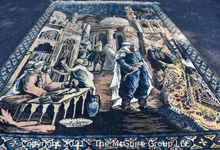 Vintage Silk Thread Machine Made Rug, made in Belgium; Middle Eastern Market Scene. Measures 180 x 49"