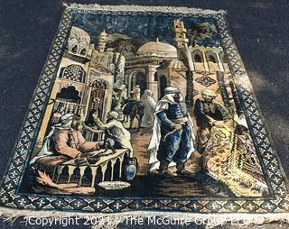 Vintage Silk Thread Machine Made Rug, made in Belgium; Middle Eastern Market Scene. Measures 180 x 49"