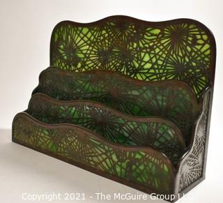 Antique Art Nouveau Tiffany Studios, NY, Pine Needle Four Tier Letter Holder Made of Green Mottled Slag Glass and Etched Bronze.  It measures 13"L x 9"T x 4"W.