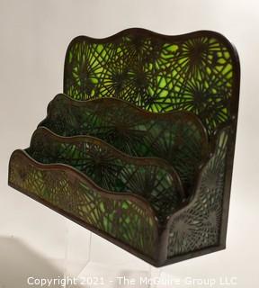 Antique Art Nouveau Tiffany Studios, NY, Pine Needle Four Tier Letter Holder Made of Green Mottled Slag Glass and Etched Bronze.  It measures 13"L x 9"T x 4"W.