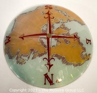 Vintage Dome Glass Shade for Ceiling Mount Lamp, Reverse Painted with Globe Map and Northern Compass Points. Measures 15"D.