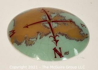 Vintage Dome Glass Shade for Ceiling Mount Lamp, Reverse Painted with Globe Map and Northern Compass Points. Measures 15"D.