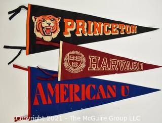 Three (3) Vintage Felt College Pennants - Harvard, Princeton & American University.  