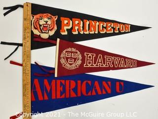 Three (3) Vintage Felt College Pennants - Harvard, Princeton & American University.  