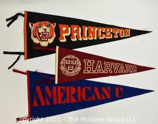 Three (3) Vintage Felt College Pennants - Harvard, Princeton & American University.  