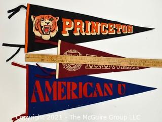 Three (3) Vintage Felt College Pennants - Harvard, Princeton & American University.  