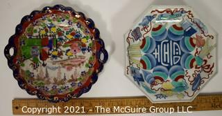 Two (2) Hand Painted Shallow Porcelain Asian Bowls; One with Chopmarks, One with Japanese Spinning Tops Motif.  Measure 10" in Diameter.