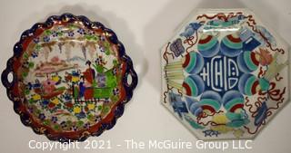 Two (2) Hand Painted Shallow Porcelain Asian Bowls; One with Chopmarks, One with Japanese Spinning Tops Motif.  Measure 10" in Diameter.