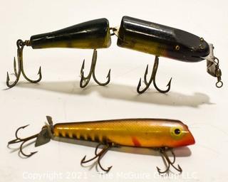 Vintage Lot of Two (2) Creek Chub Porter Pop-stop 5" AND Pixie Pike 9" Glass Eyed Fishing Lures. One Jointed. 