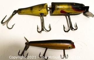 Vintage Lot of Two (2) Creek Chub Porter Pop-stop 5" AND Pixie Pike 9" Glass Eyed Fishing Lures. One Jointed. 