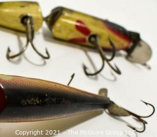 Vintage Lot of Two (2) Creek Chub Porter Pop-stop 5" AND Pixie Pike 9" Glass Eyed Fishing Lures. One Jointed. 