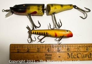 Vintage Lot of Two (2) Creek Chub Porter Pop-stop 5" AND Pixie Pike 9" Glass Eyed Fishing Lures. One Jointed. 