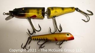 Vintage Lot of Two (2) Creek Chub Porter Pop-stop 5" AND Pixie Pike 9" Glass Eyed Fishing Lures. One Jointed. 