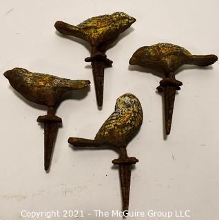 Set of Four (4) Cast Iron Garden Hose Guide Spikes, Birds.